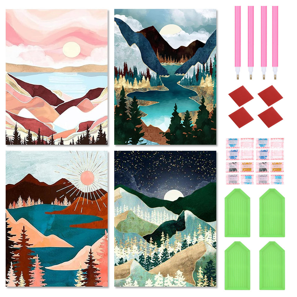 4pcs Round Diamond Painting Set - Geometric landscape (30*40CM)