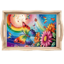 Load image into Gallery viewer, Wooden Rainbow Butterfly Diamond Decorative Serving Tray with Handle for Desk
