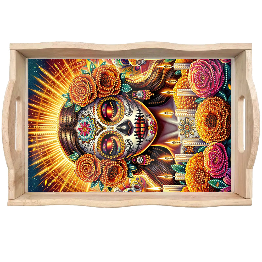 Wooden Horror Girl Diamond Decorative Serving Tray with Handle for Coffee Table