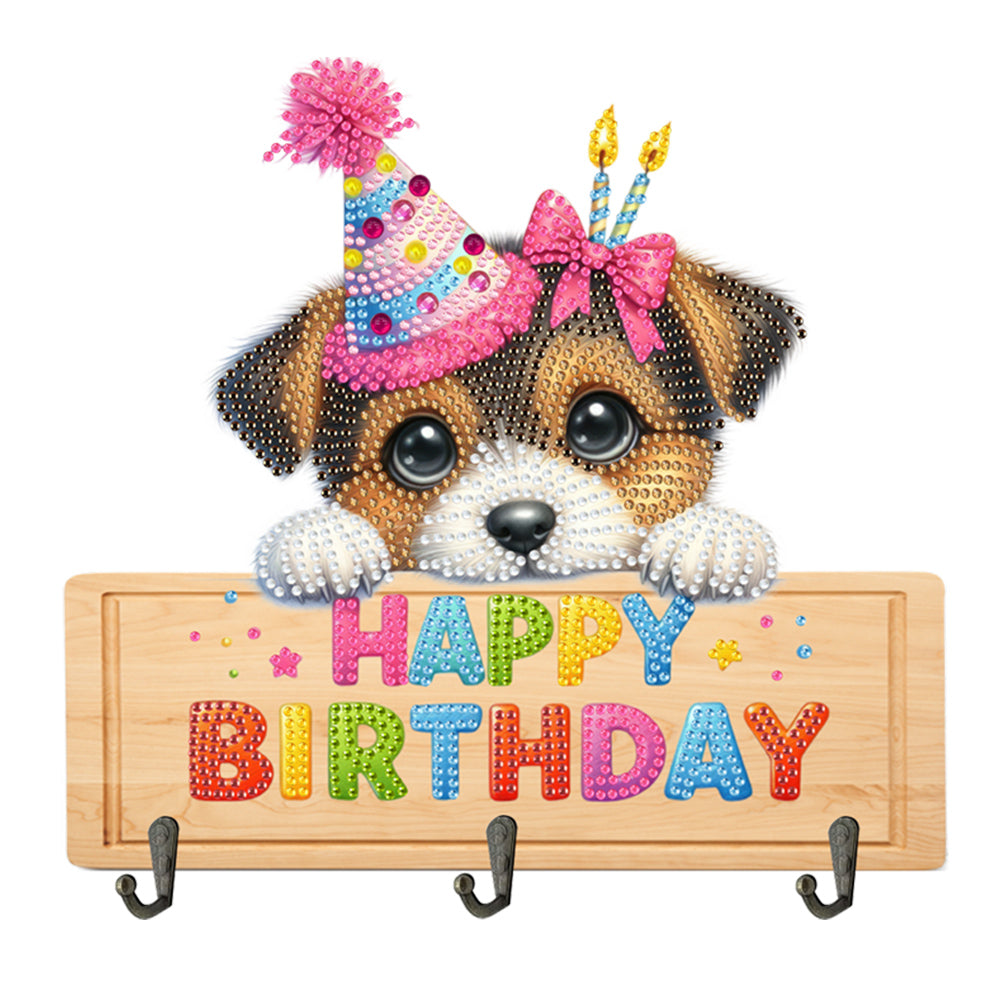 Wooden Special Shape Happy Birthday Dog 3 Hooks Diamond Painting Hook Rail