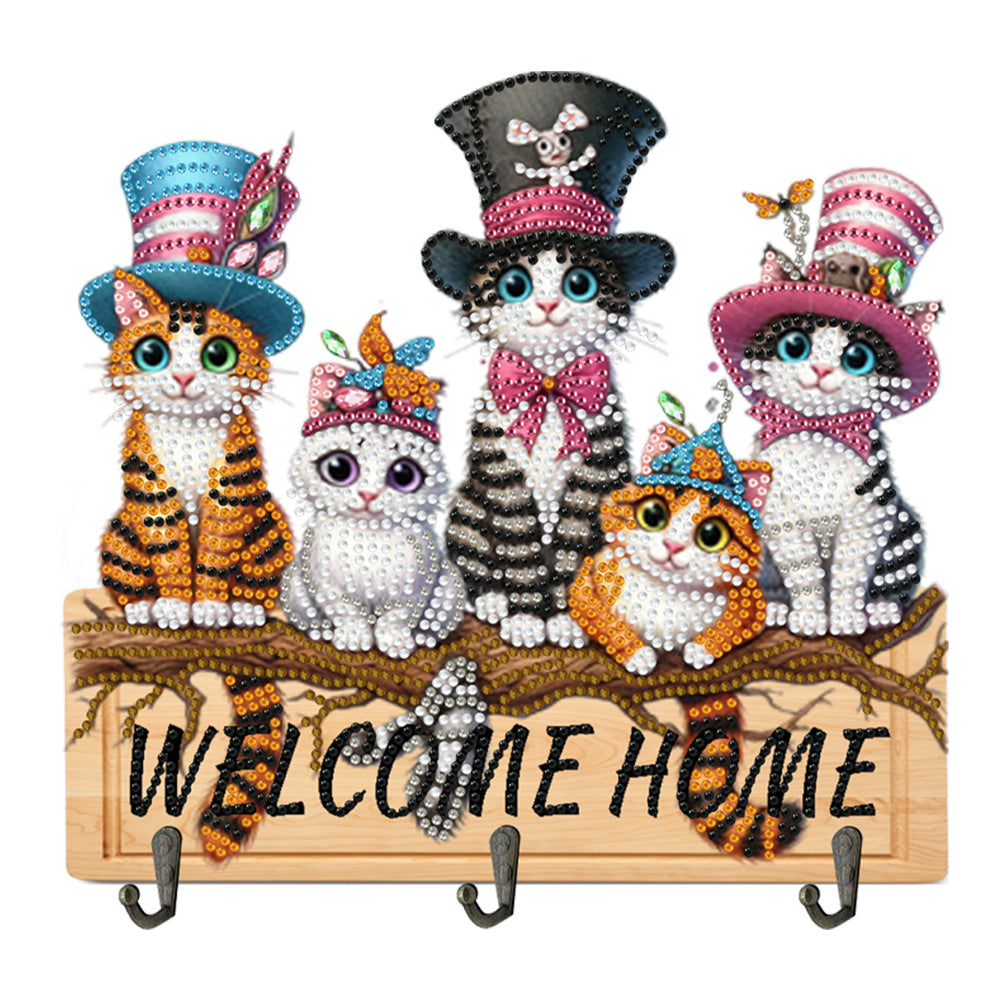 Wooden Special Shape Welcome Home Cat 3 Hooks Diamond Painting Hook Rail