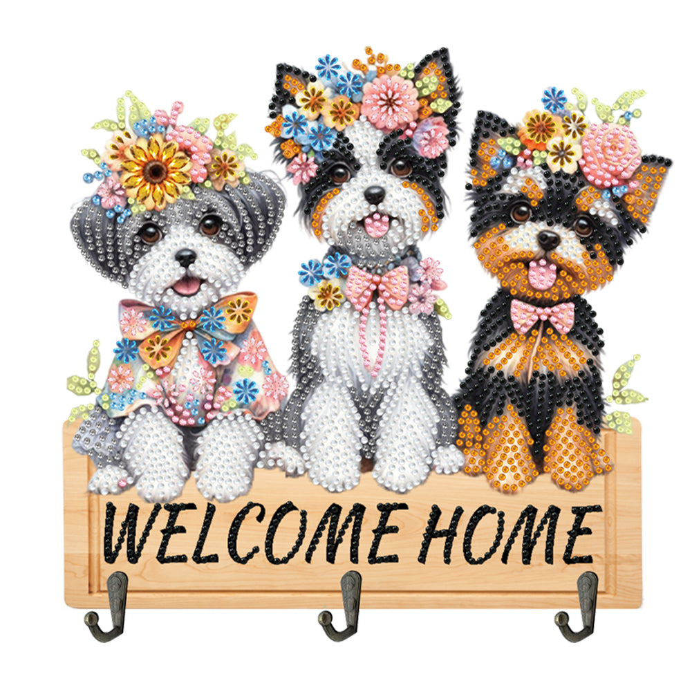 Wooden Special Shape Welcome Home Dog 3 Hooks Diamond Painting Hook Rail