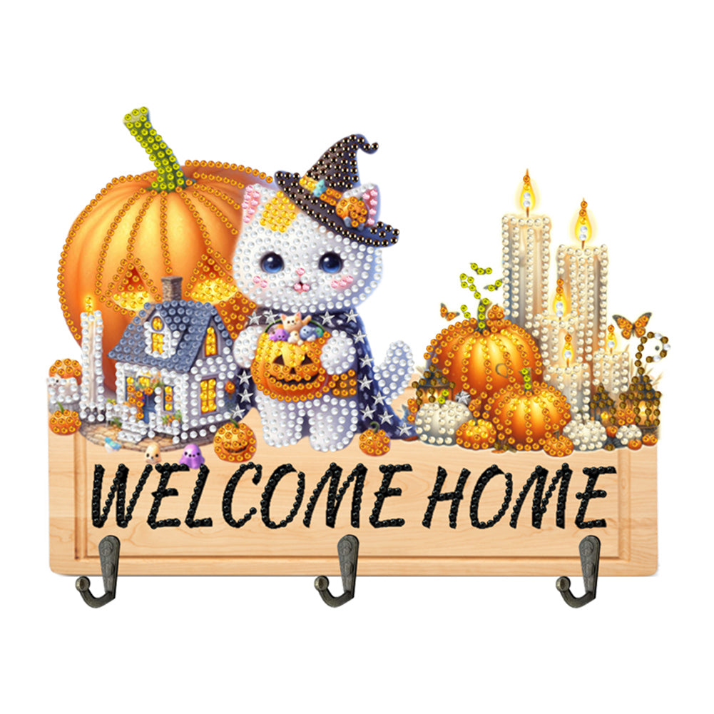 Wooden Special Shape Pumpkin Cat 3 Hooks No Punch Diamond Painting Hook Rail