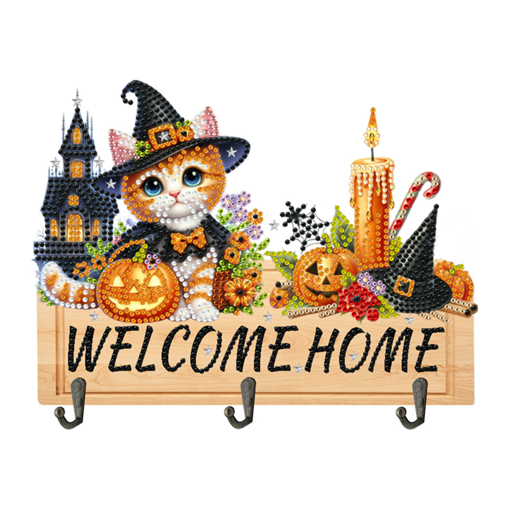 Wooden Special Shape Pumpkin Cat 3 Hooks No Punch Diamond Painting Hook Rail