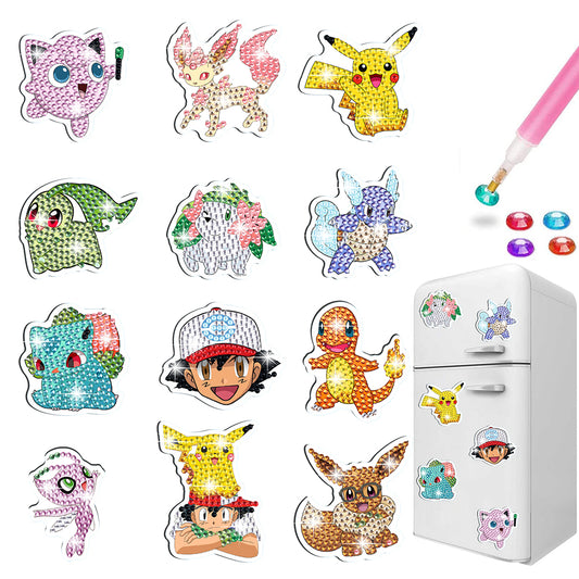 12Pcs Diamond Painting Fridge Magnet Pokemon Fridge Stickers for Home Decor