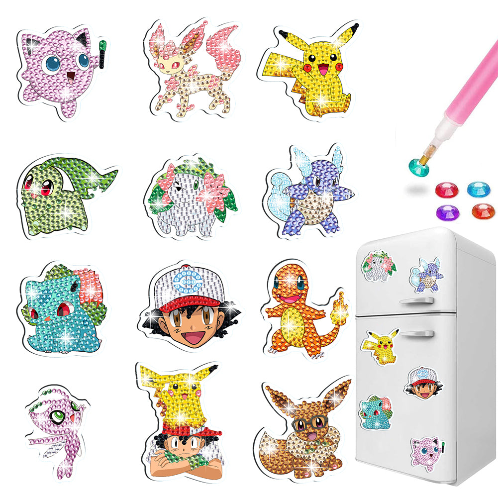 12Pcs Diamond Painting Fridge Magnet Pokemon Fridge Stickers for Home Decor