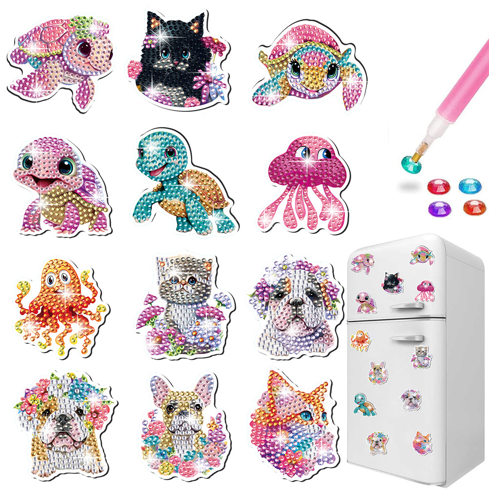12Pcs Diamond Painting Fridge Magnet Animals Fridge Stickers for Home Decor