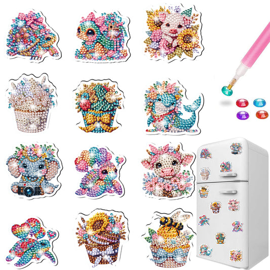 12Pcs Diamond Painting Fridge Magnet Animal Cupcake Diamond Art Fridge Stickers