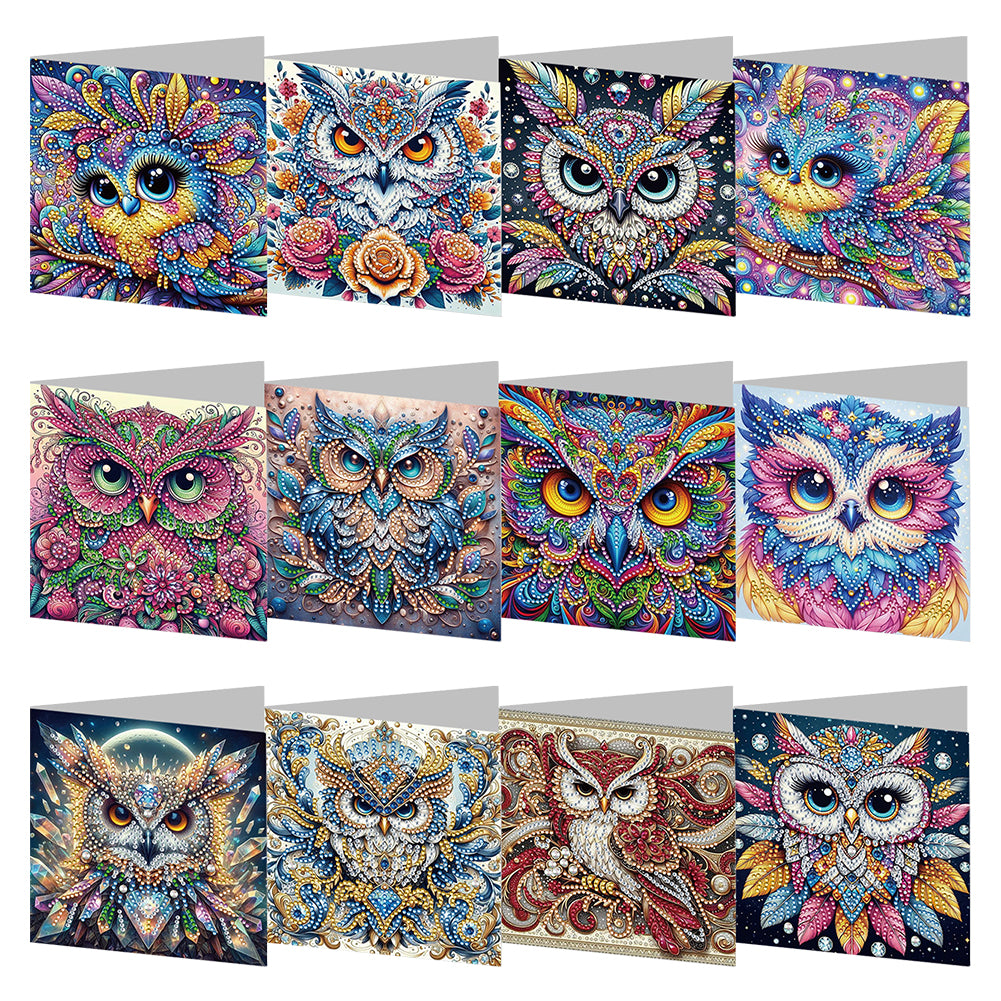 12Pcs Personality Owl DIY Diamond Painting Card Rhinestone Painting Card Kit