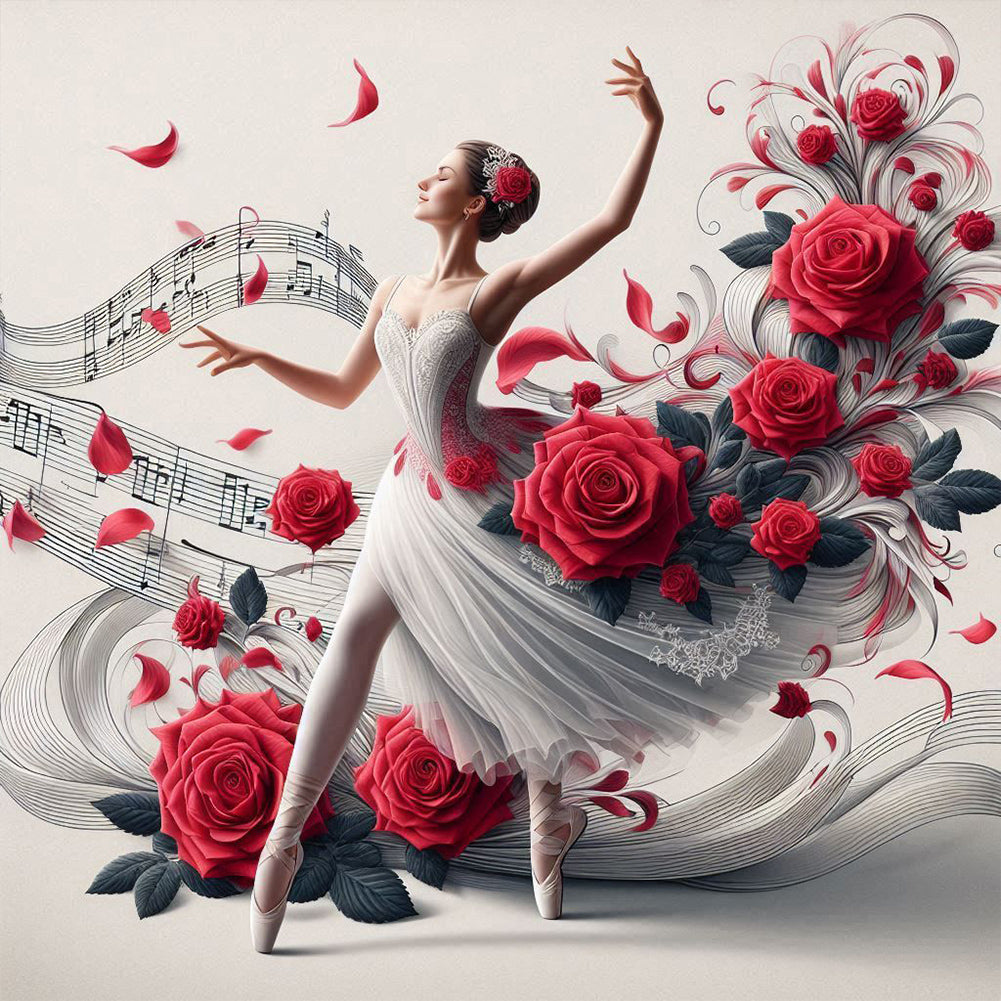 Diamond Painting - Full Round - Girl with red rose and ballet (40*40CM)