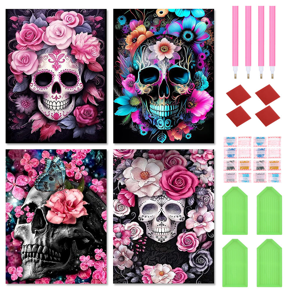 4pcs Round Diamond Painting Set - Flower skull (30*40CM)