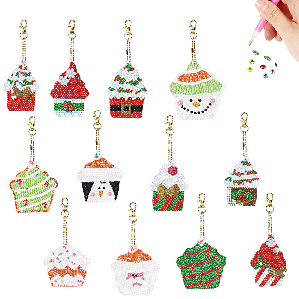 12Pcs Double Side Christmas Cupcake Diamond Painting Art Craft Keychain