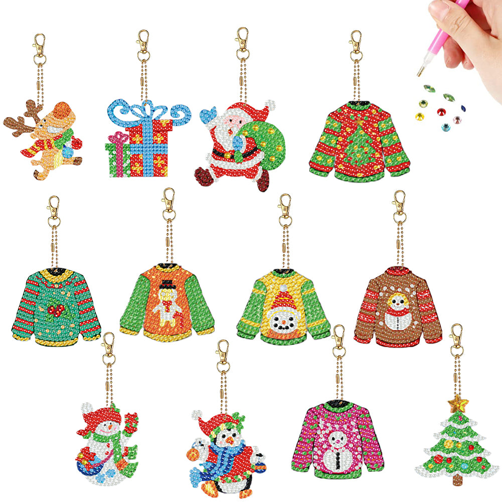 12Pcs Double Side Christmas Elements Diamond Painting Art Craft Keychain
