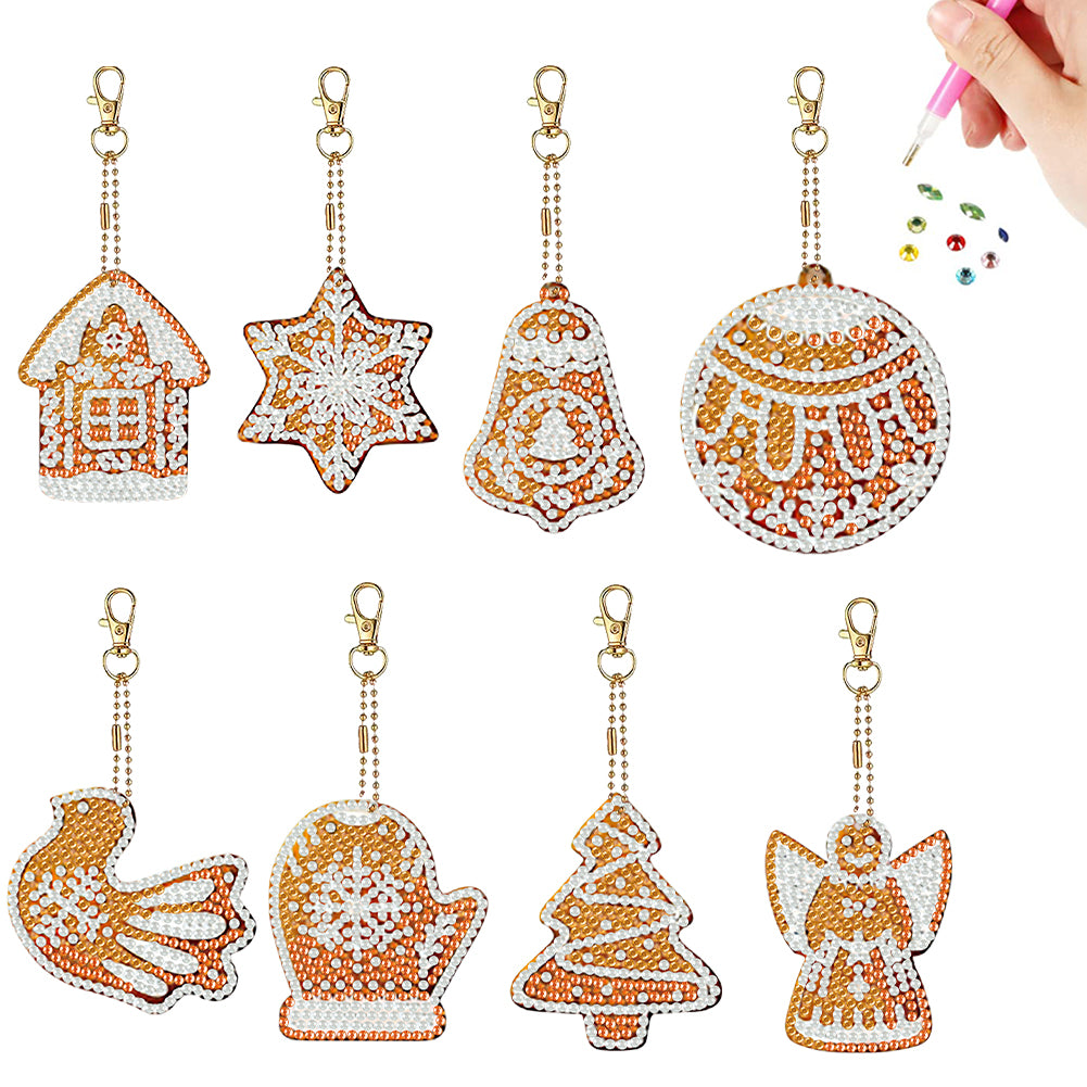 8Pcs Double Side Christmas Cookies Diamond Painting Art Craft Keychain