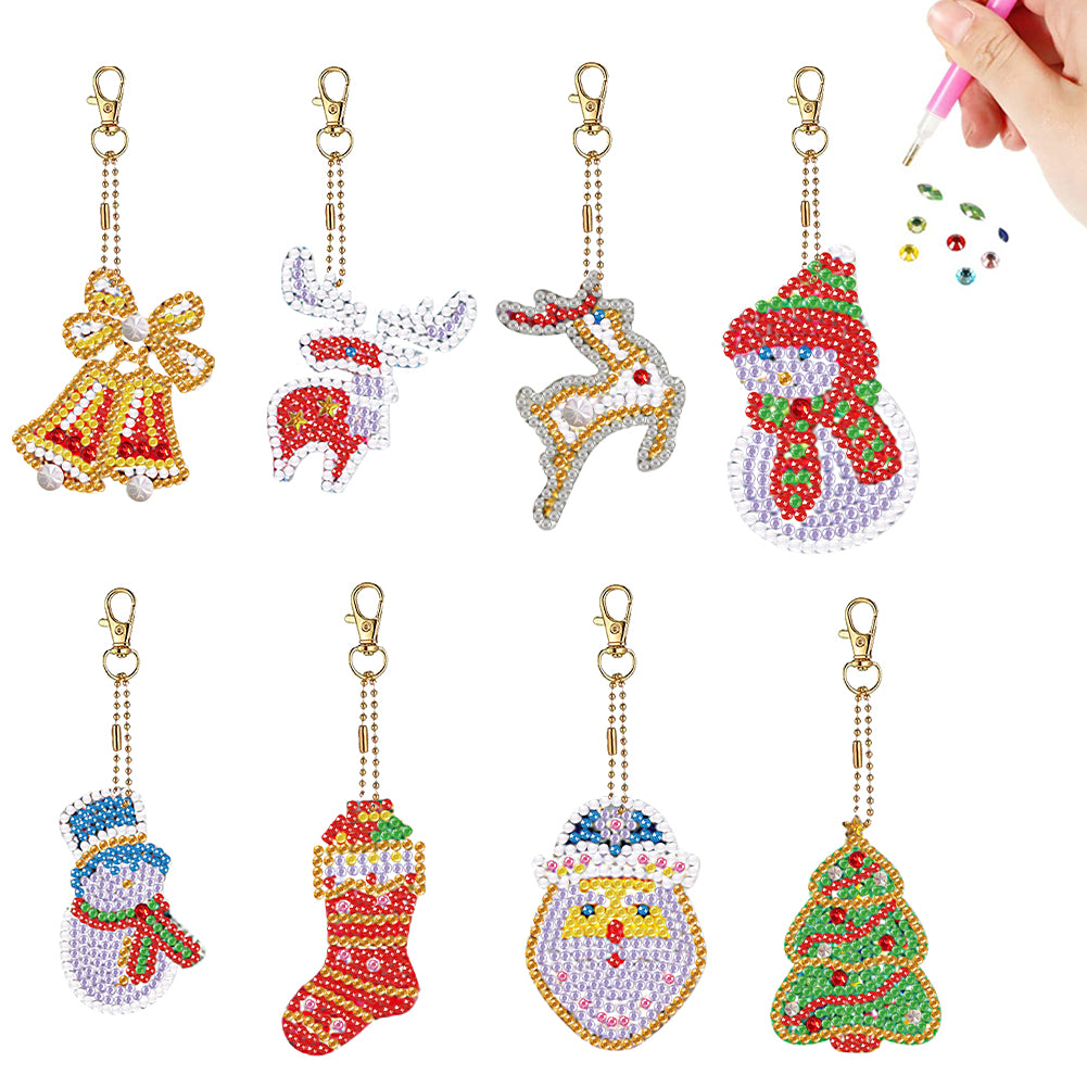 8Pcs Double Side Christmas Elements Diamond Painting Art Craft Keychain
