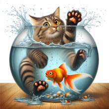 Load image into Gallery viewer, Diamond Painting - Full Round - Cat playing in fish tank (30*30CM)
