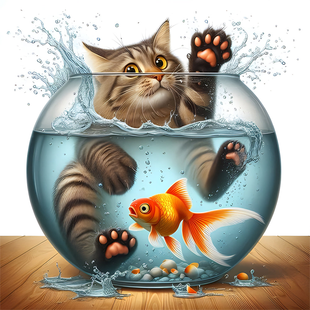 Diamond Painting - Full Round - Cat playing in fish tank (30*30CM)