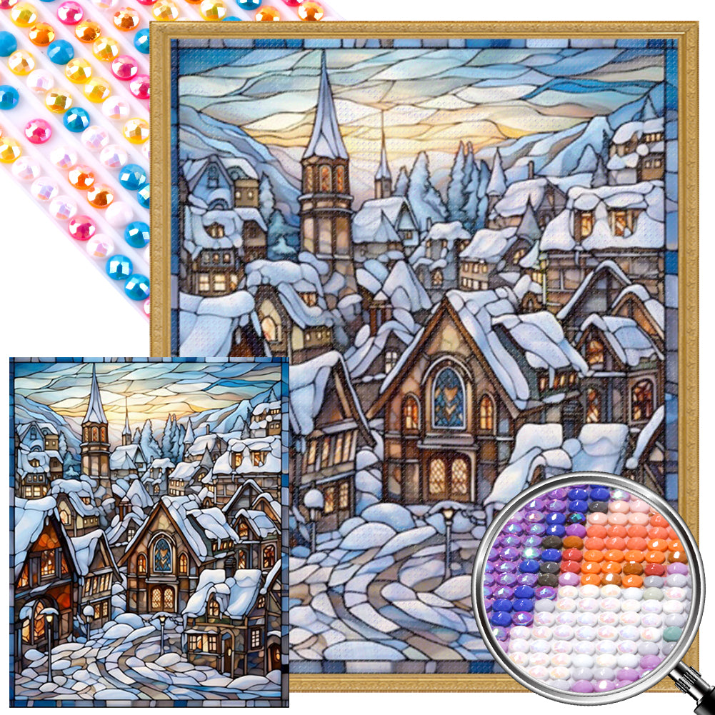 AB Diamond Painting - Full Round - Glass painting town snow scene (40*50CM)