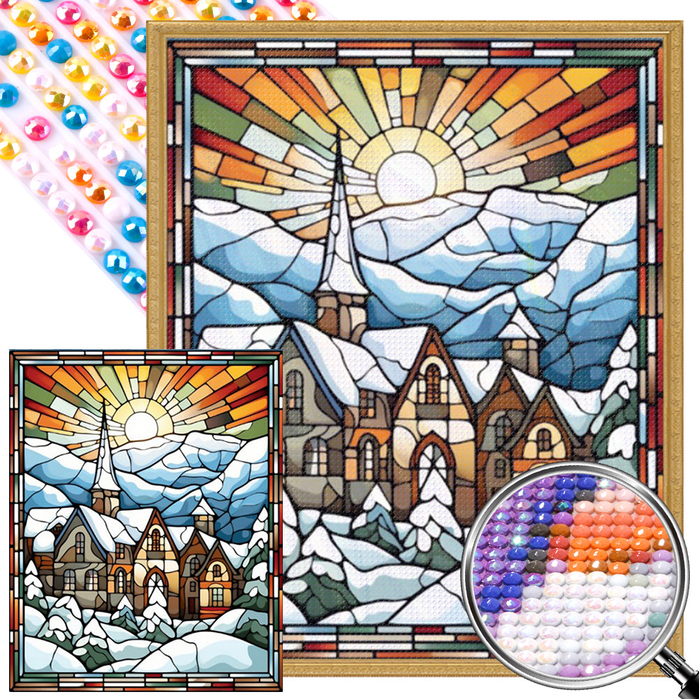 AB Diamond Painting - Full Round - Glass Painting of a small town snow scene under the morning sun (40*50CM)