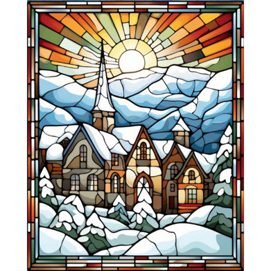 AB Diamond Painting - Full Round - Glass Painting of a small town snow scene under the morning sun (40*50CM)