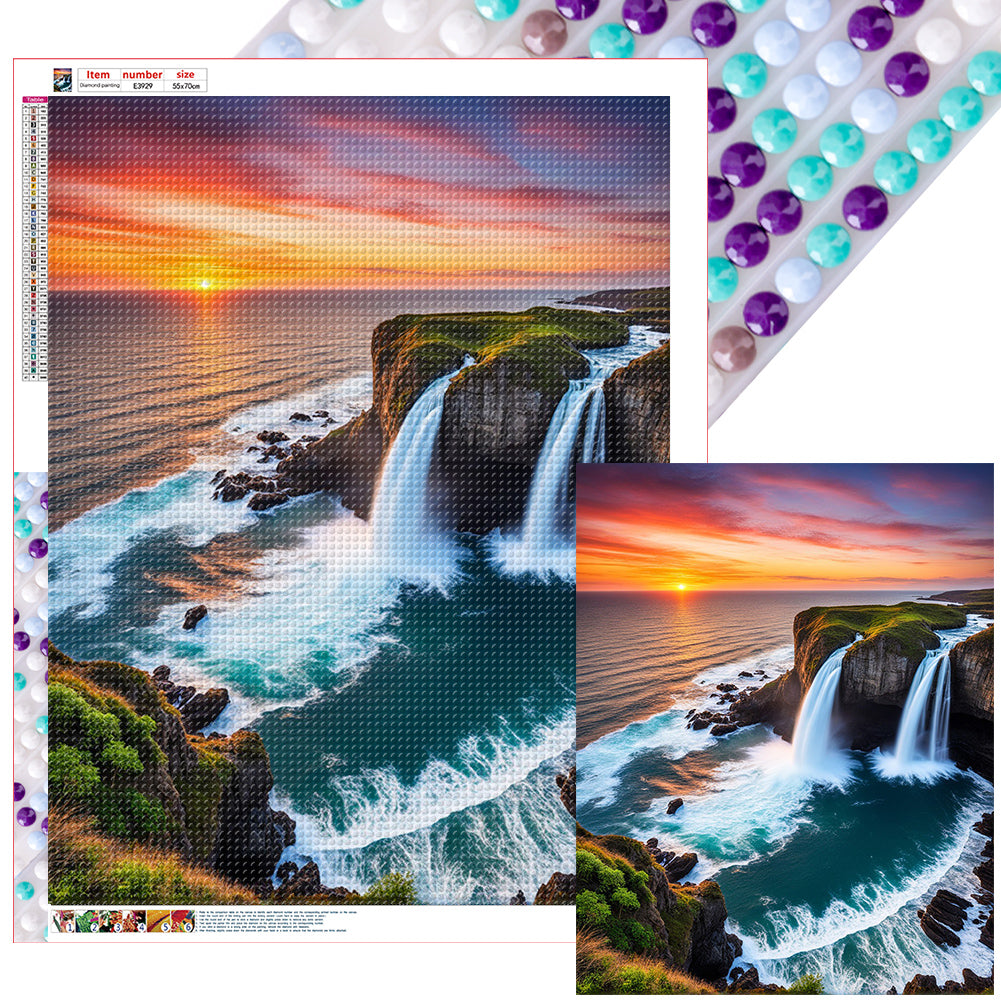 Diamond Painting - Full Round - Waterfall and sunset at the seaside (55*70CM)