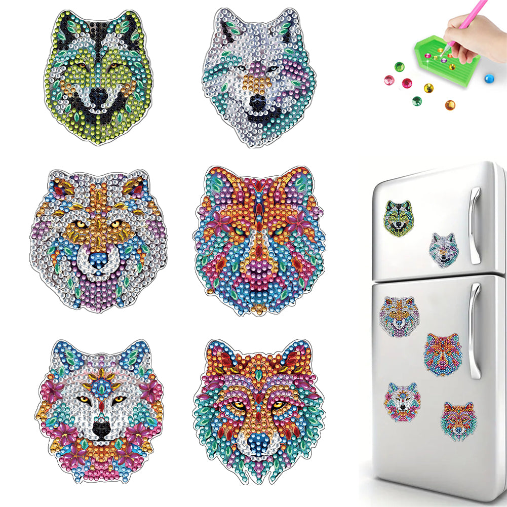 6Pcs Cute Animal Diamond Painting Refrigerator Magnets for Home Decor (Wolf)