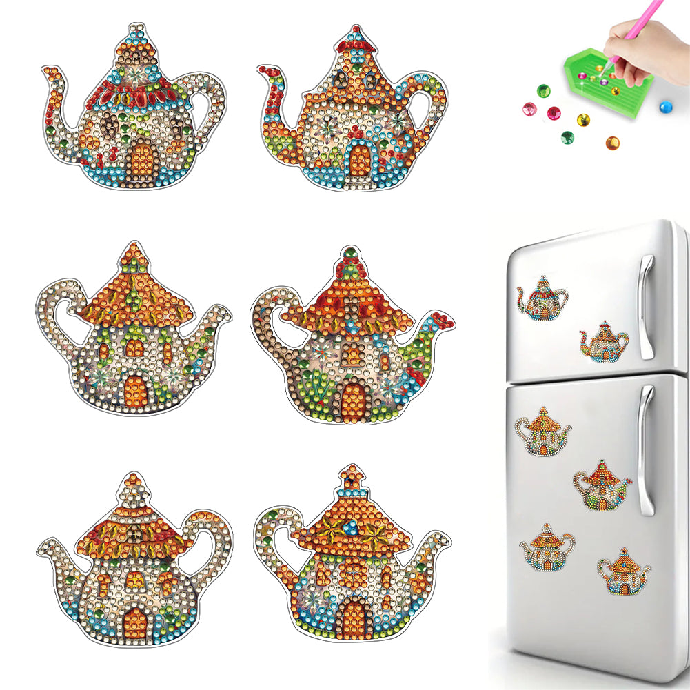 6Pcs Diamond Painting Refrigerator Magnets for Home Decoration (Kettle Hut)