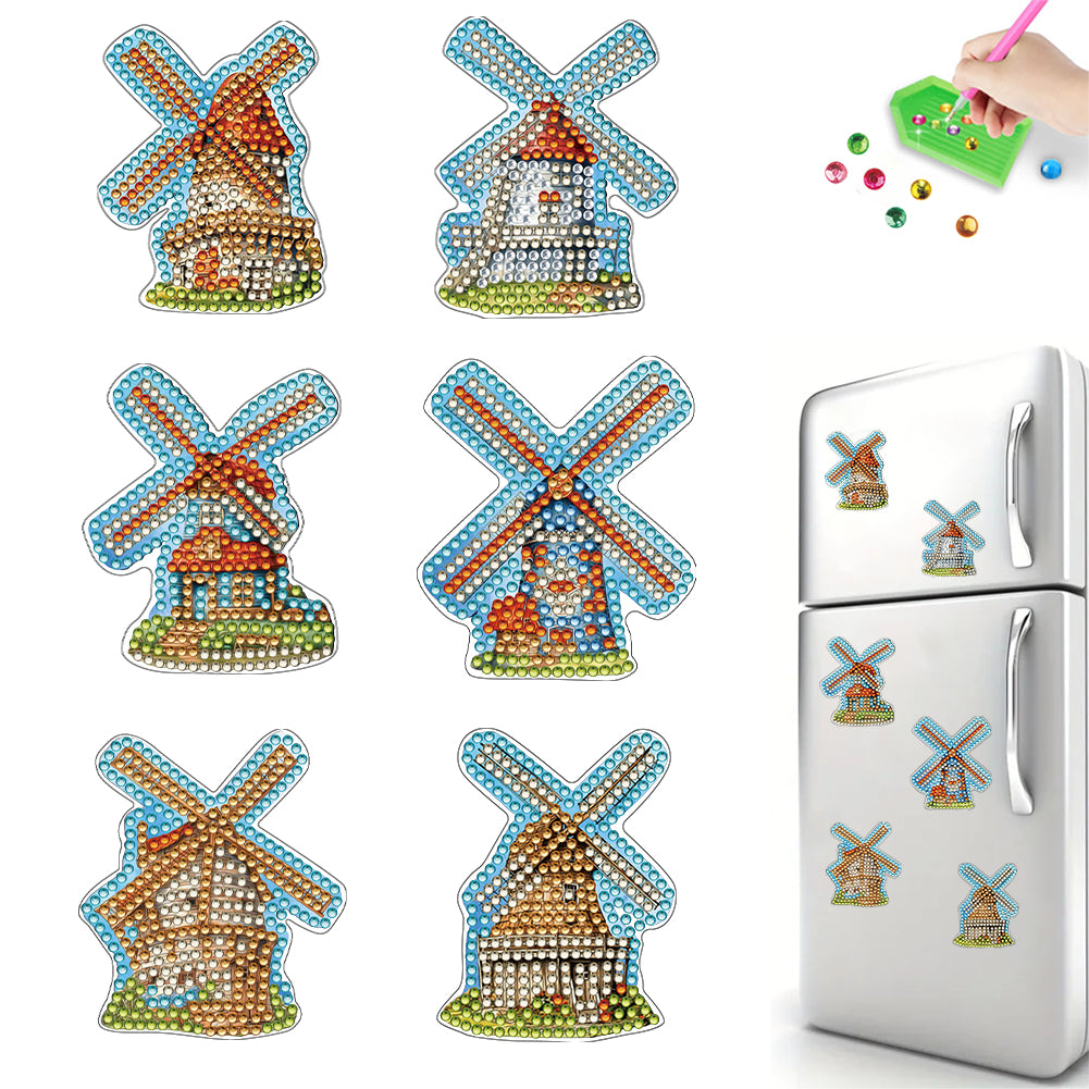 6Pcs Diamond Painting Refrigerator Magnets for Home Decoration (Windmill Hut)