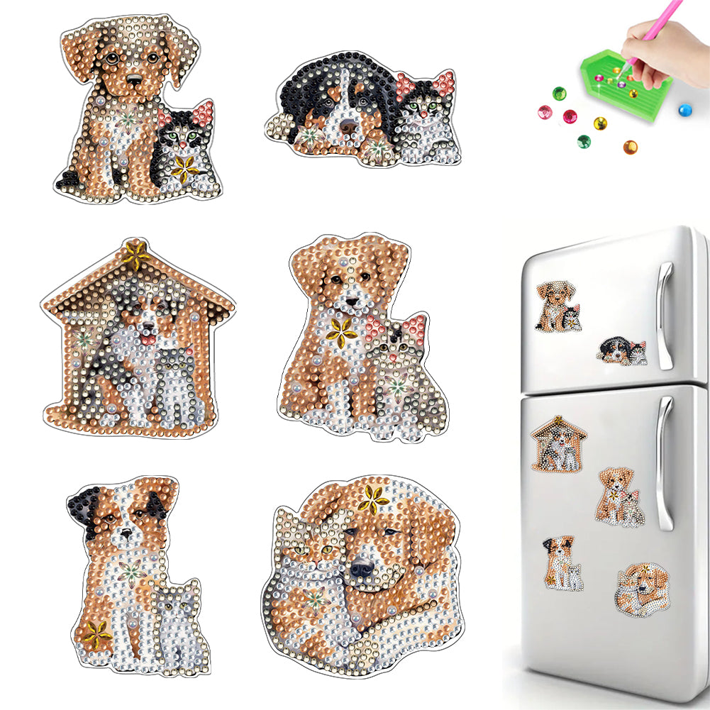 6Pcs Animal Diamond Painting Refrigerator Magnets for Home Decor (Cat and Dog)