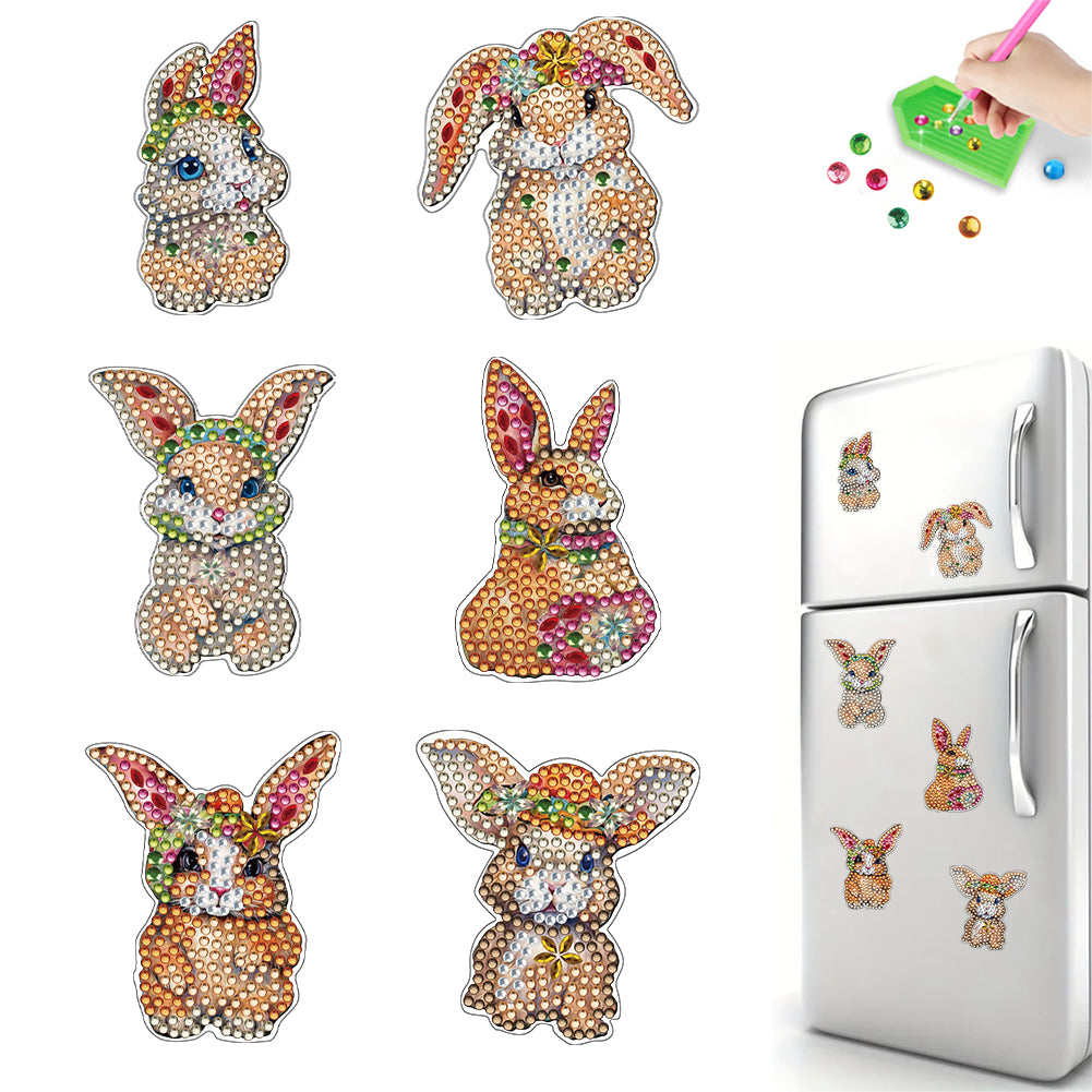 6Pcs Cute Animal Diamond Painting Refrigerator Magnets for Home Decor (Bunny)