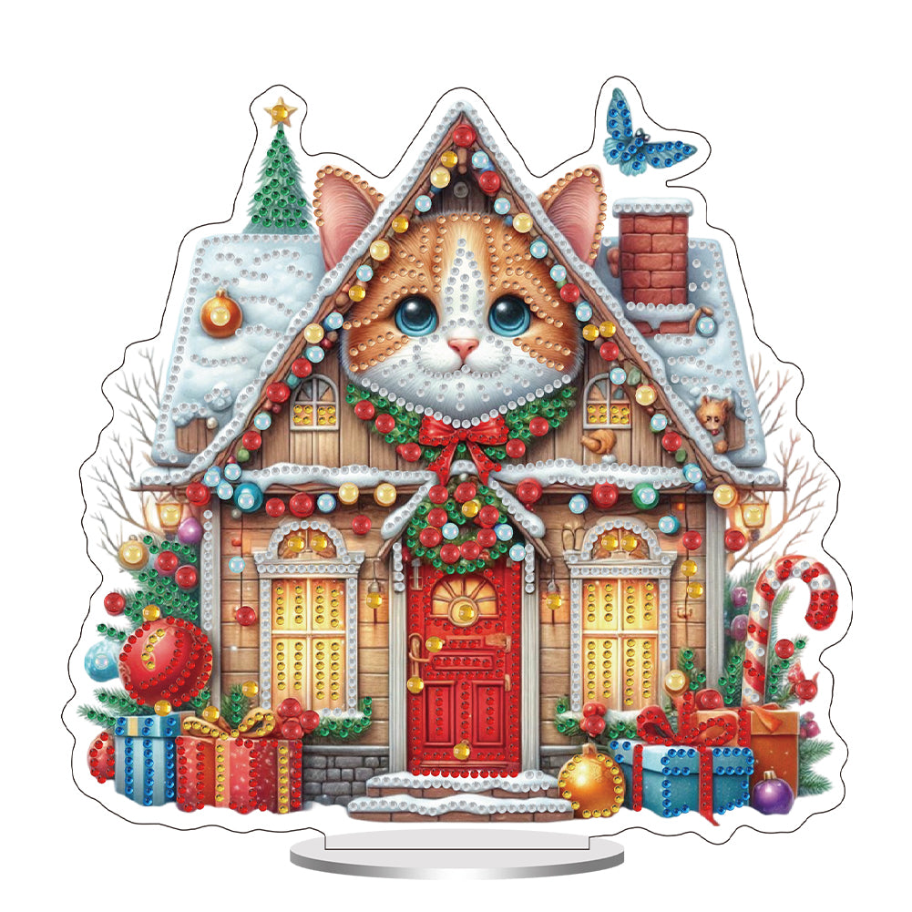 Christmas Table Top Diamond Painting Ornament Kits for Home Office (Cat House)