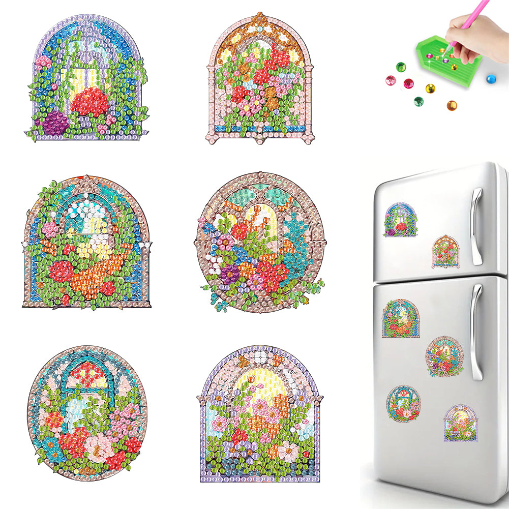 6Pcs Flower Windows Diamond Painting Fridge Magnet for Fridge Whiteboards