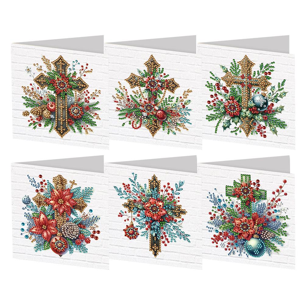 6Pcs Red Flower Cross DIY Diamond Painting Card for Holiday Party Favors