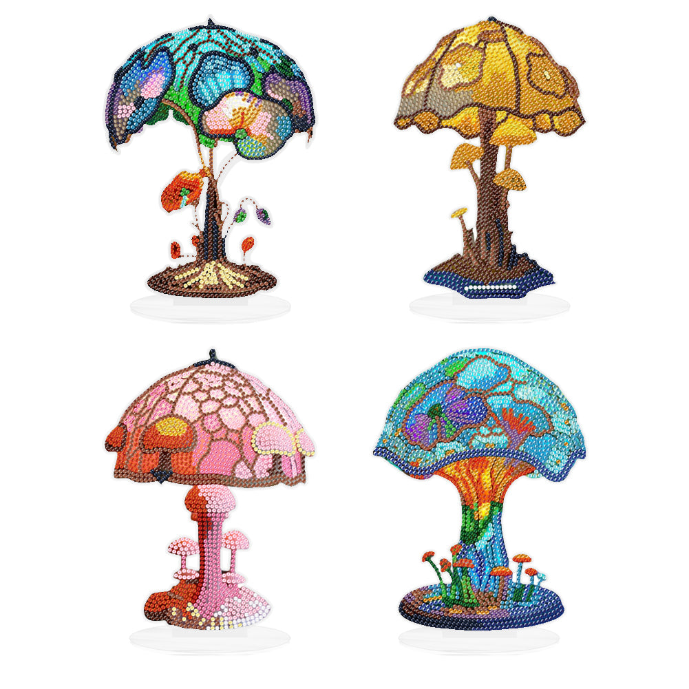 4Pcs Cute Mushroom Acrylic Diamond Painting Tabletop Ornaments Kit with Lights