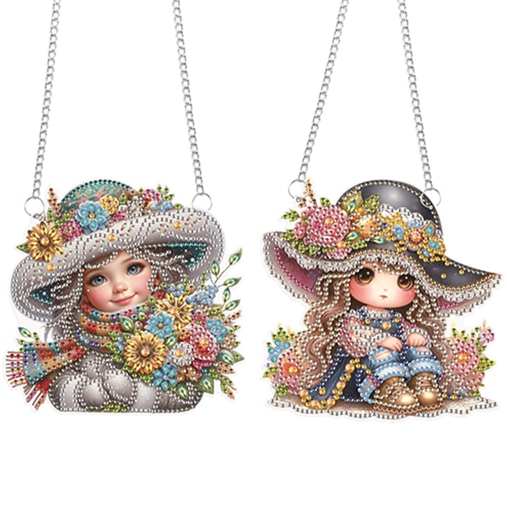 2Pcs Special Shape Hat Girl 5D DIY Diamond Painting Dots Pendant for Wall Window