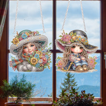 Load image into Gallery viewer, 2Pcs Special Shape Hat Girl 5D DIY Diamond Painting Dots Pendant for Wall Window
