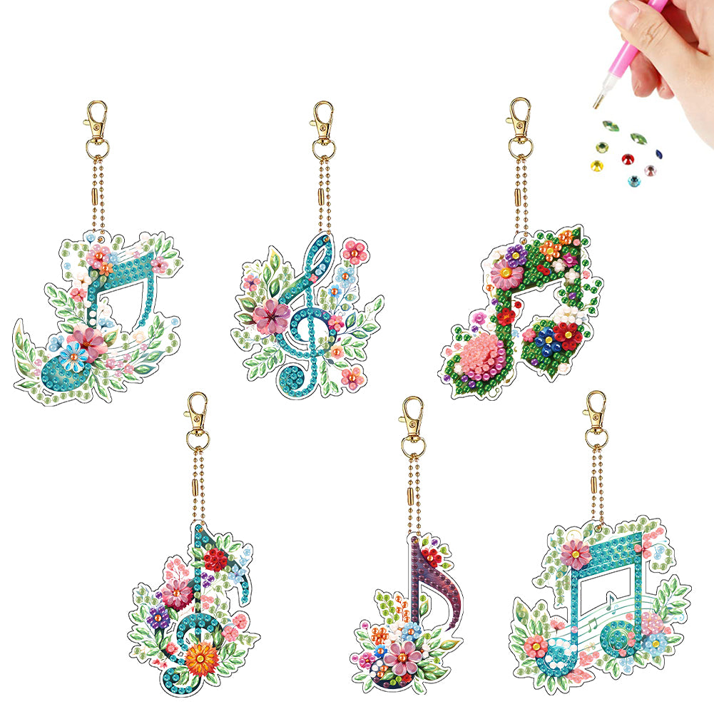 6Pcs Full Drill Keyring Flower Double Sided Rhinestone Painting Keychain Pendant