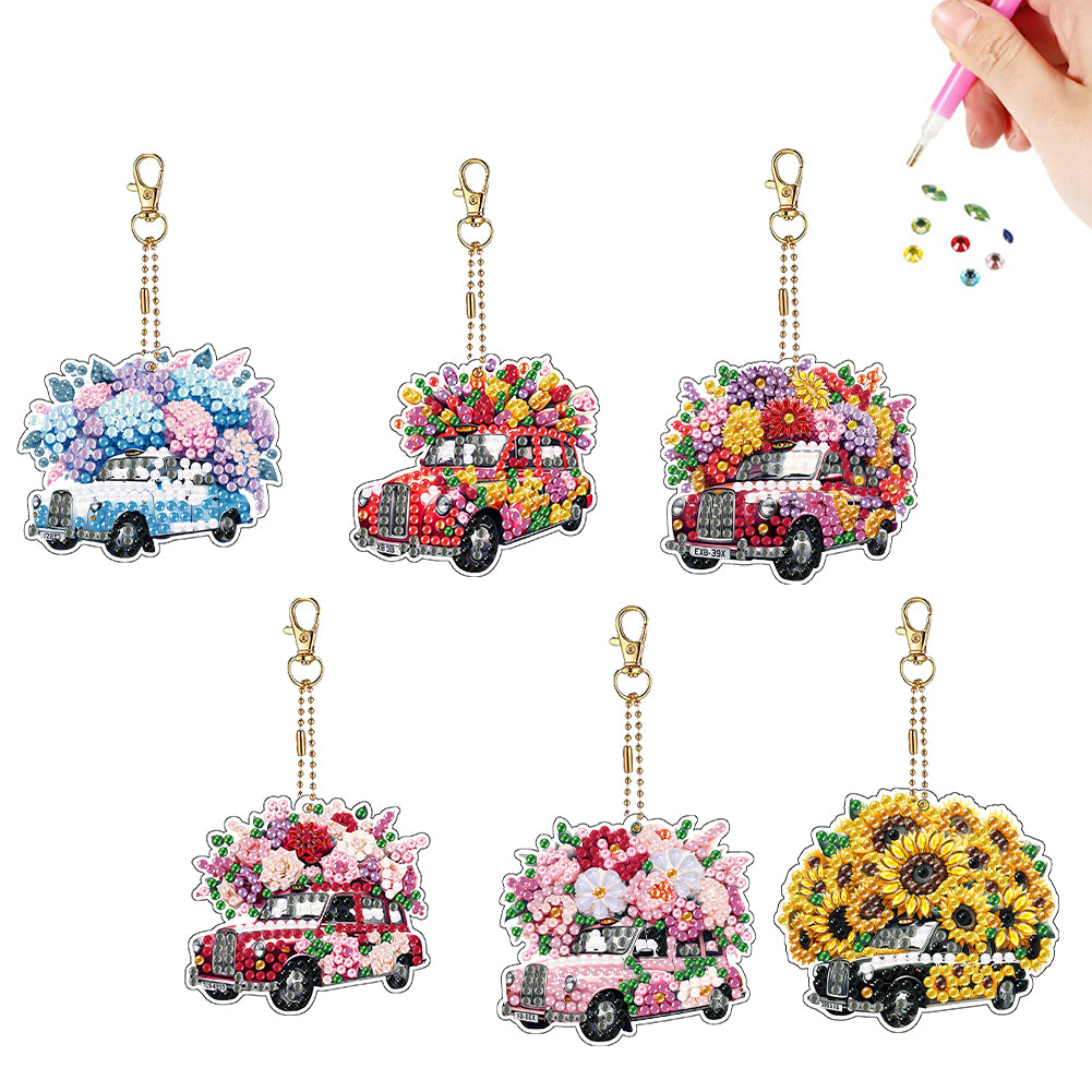 6Pcs Full Drill Keyring Flower Double Sided Rhinestone Painting Keychain Pendant