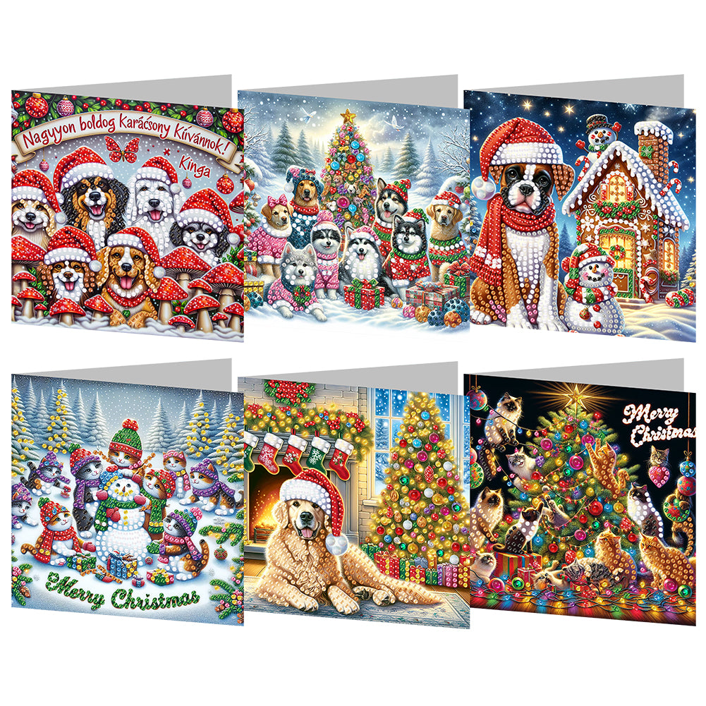 6pcs Diamond Painting Greeting Cards Diamond Art Christmas Cards (Dog and Cat)