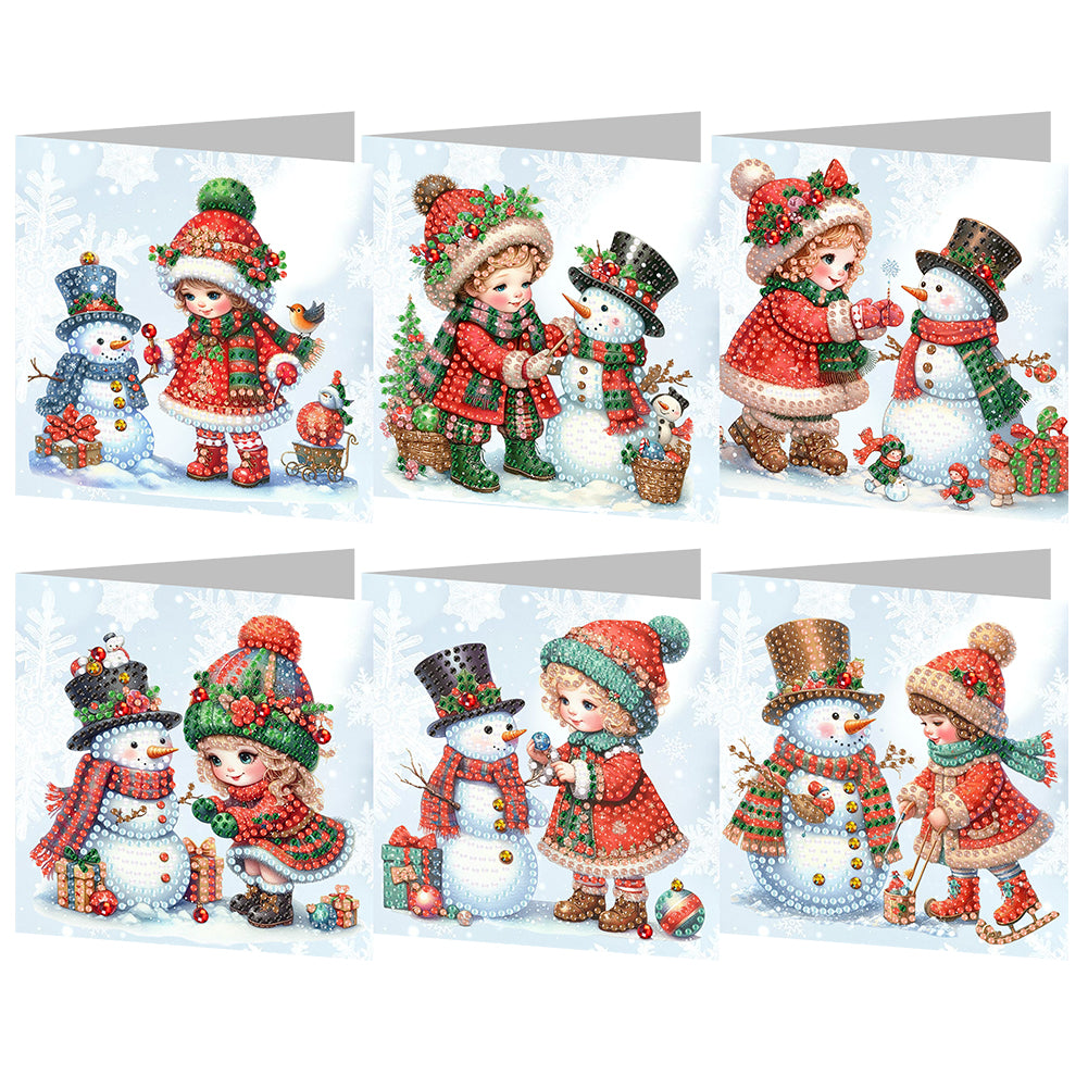 6pcs Diamond Painting Greeting Card Diamond Art Christmas Card(Snowman and Girl)