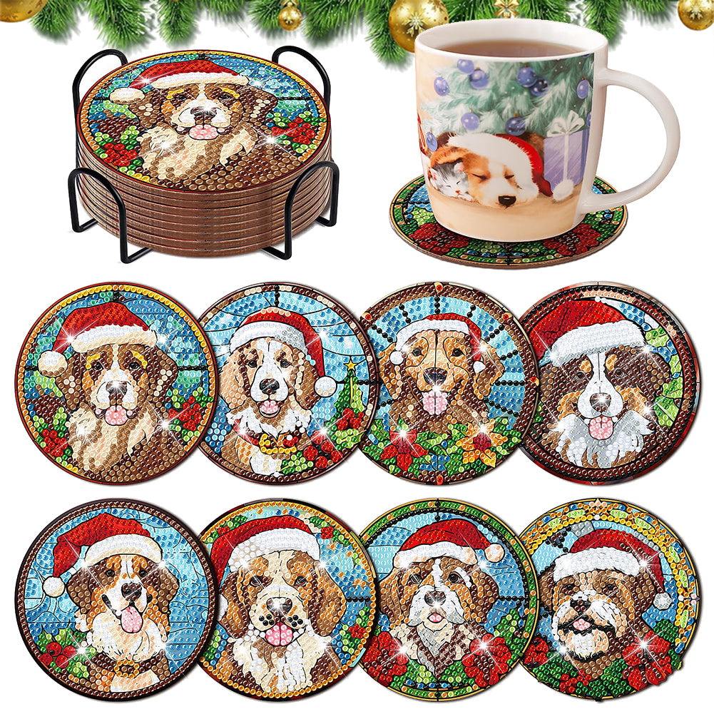 8Pcs Wooden Christmas Dog DIY Diamond Art Coaster Crafts with Holder for Present