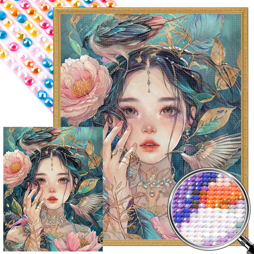 AB Diamond Painting - Full Round - Oriental classical girl and flowers and birds (40*50CM)