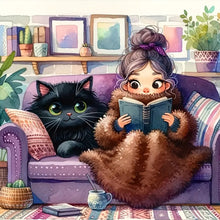Load image into Gallery viewer, Diamond Painting - Full Round - Girl reading and black cat (50*50CM)
