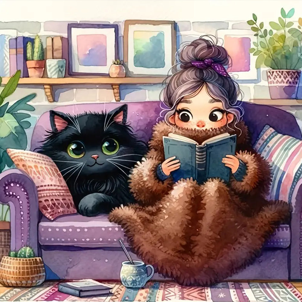 Diamond Painting - Full Round - Girl reading and black cat (50*50CM)