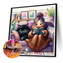 Load image into Gallery viewer, Diamond Painting - Full Round - Girl reading and black cat (50*50CM)
