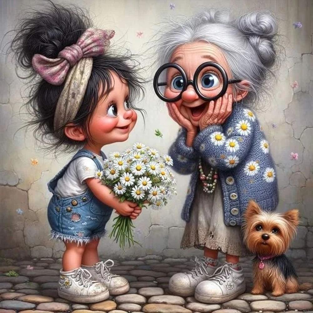 Diamond Painting - Full Round - Girl and grandma giving flowers (40*40CM)