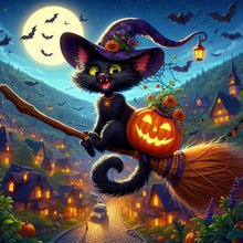 Load image into Gallery viewer, Diamond Painting - Full Round - Witch cat riding a broomstick (40*40CM)
