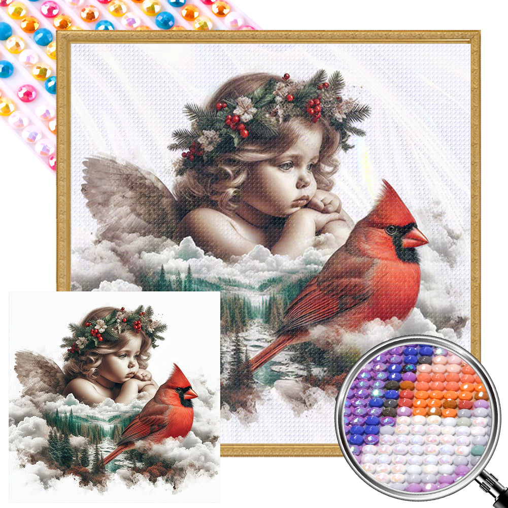 AB Diamond Painting - Full Round - Red cardinal and angel baby (40*40CM)