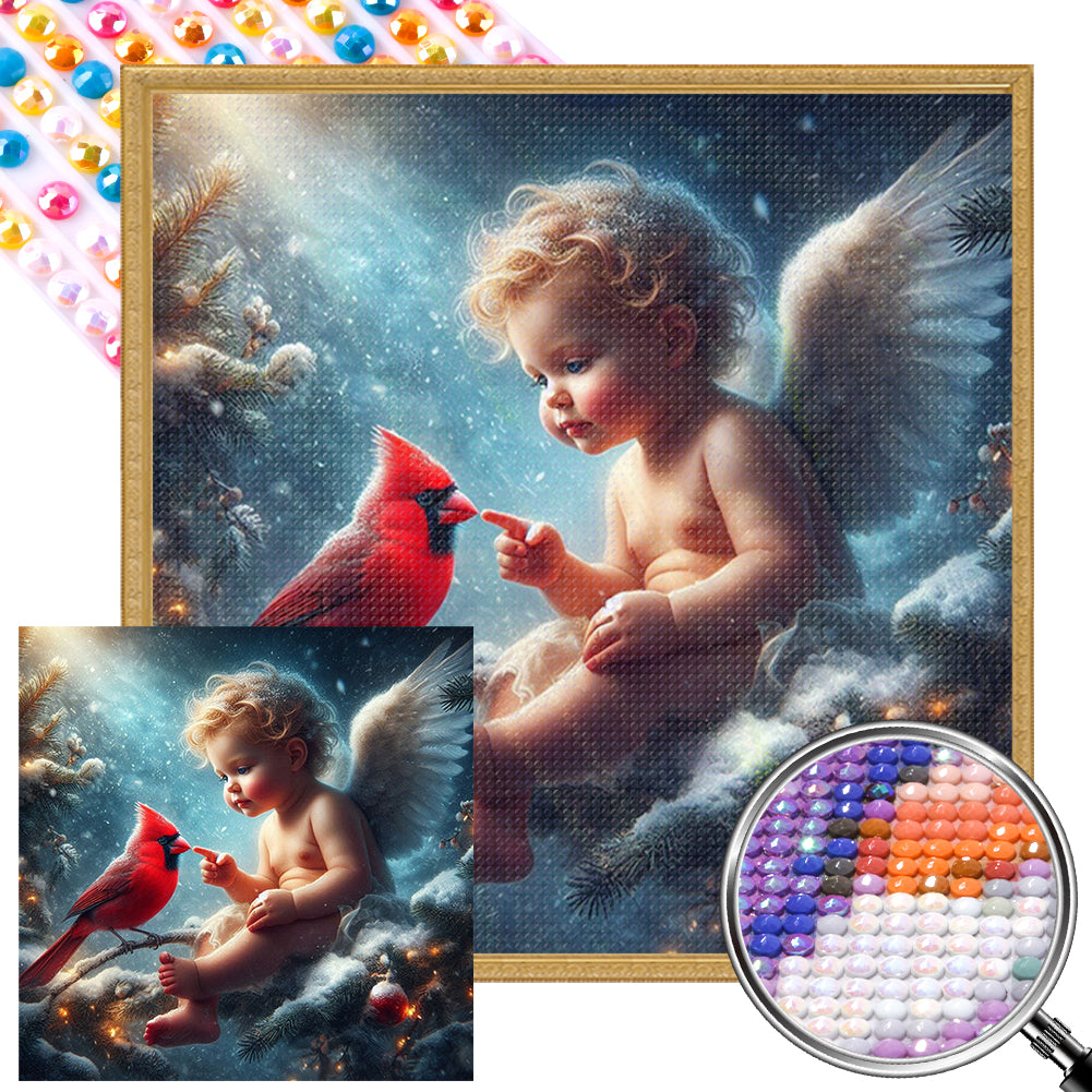 AB Diamond Painting - Full Round - Red cardinal and angel baby (40*40CM)
