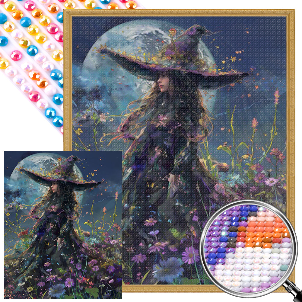 AB Diamond Painting - Full Round - Witch in flowers under the moon (40*50CM)